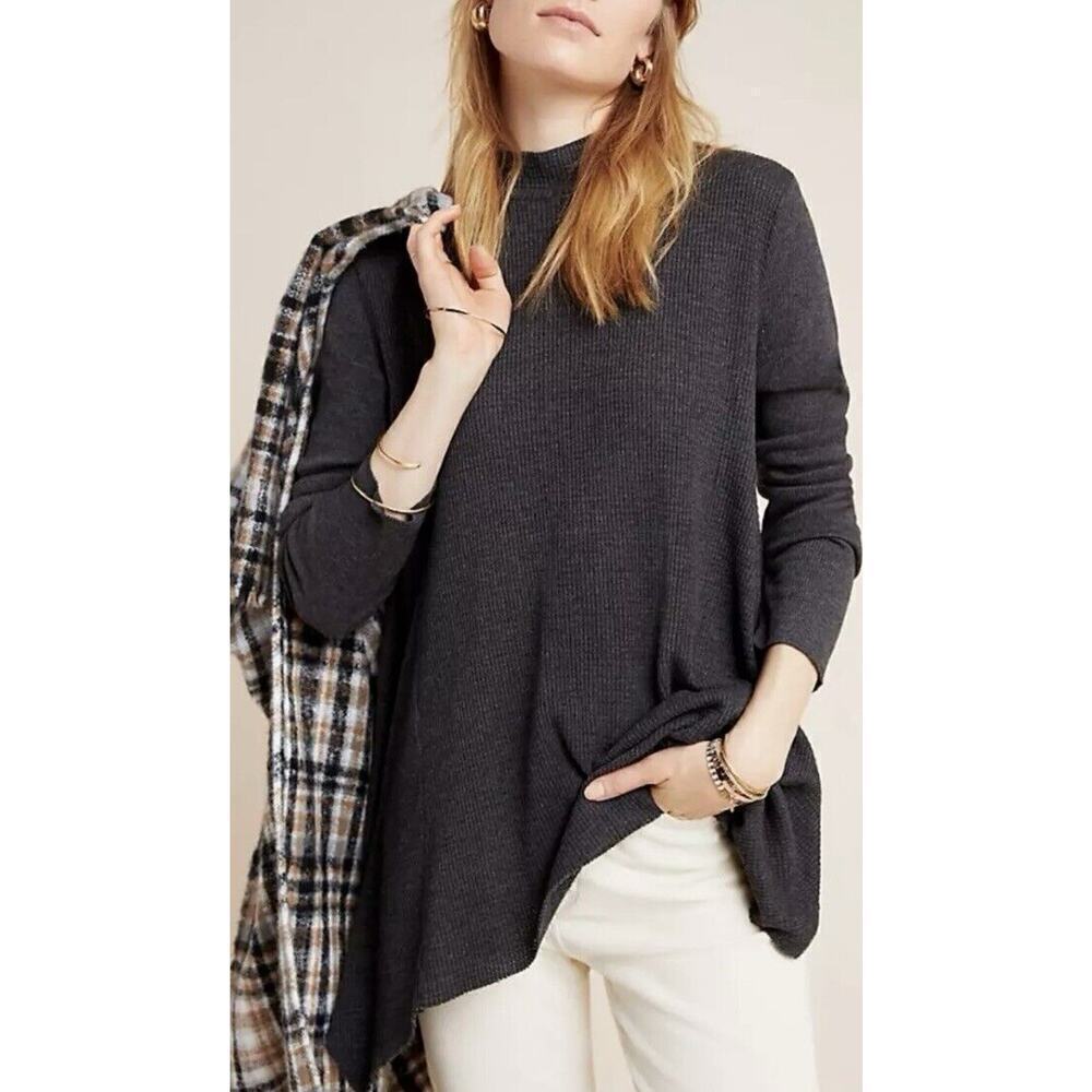 ANTHROPOLOGIE T.La Gray Waffle Knit Thermal Mock Neck Tunic Top Sz XS Long Slv